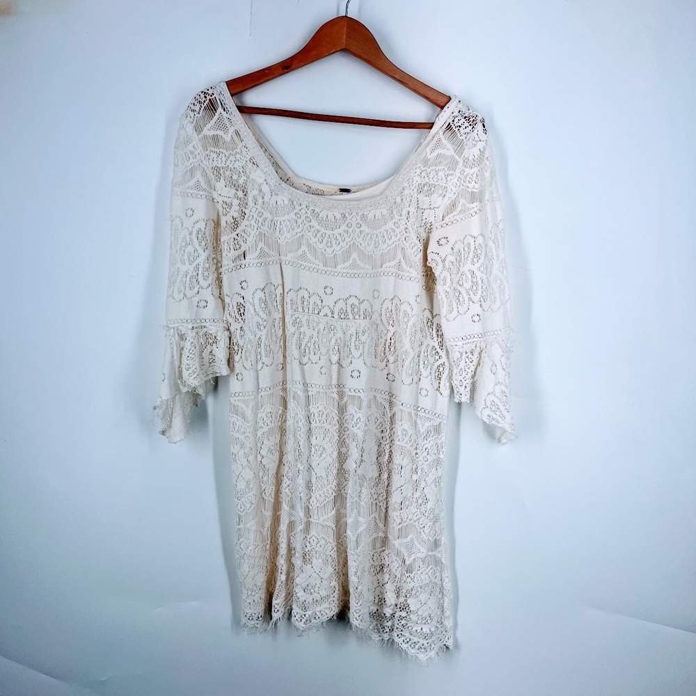 Free People Ivory Floral Lace Bell Sleeve Mini Dress Cream Boho Size M